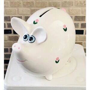 Ceramic Piggy Bank with‎ Pink & Green Flowers Vintage